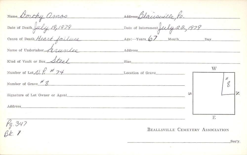 Dorothy Amos burial card